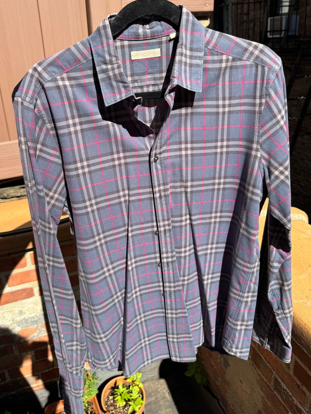 Burberry Men’s Gray Plaid Button-Down Shirt with Pink Windowpane